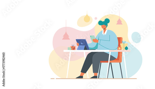 Woman shopping online for gifts on tablet and phone during Christmas holidays