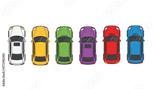 Top view cartoon illustration of six colorful cars parked in a row: white, yellow, green, purple, red, and blue