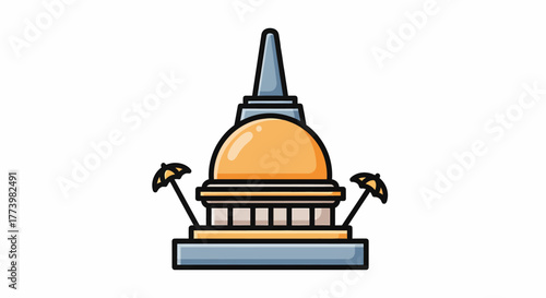 Vector outline illustration of a stylized Buddhist stupa, featuring a golden dome and pointed spire, representing a traditional Asian religious monument and spiritual landmark