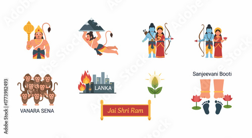 Hindu Epics Characters and Symbols Flat Vector Set