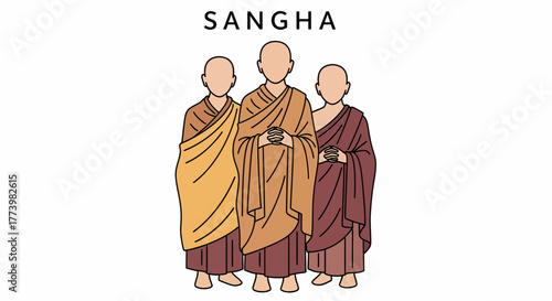 A spiritual community of three Buddhist monks standing together in traditional robes. Flat vector design for mindfulness and religion concepts