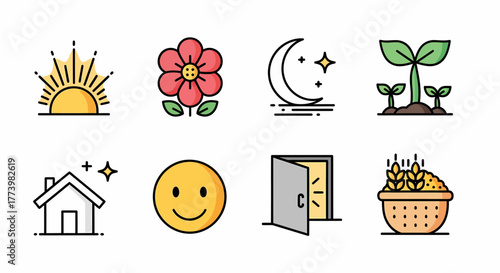 Colorful outline icon set illustrating concepts of daily life, nature, and positive growth. Vector symbols for sunrise, harvest, and new opportunities