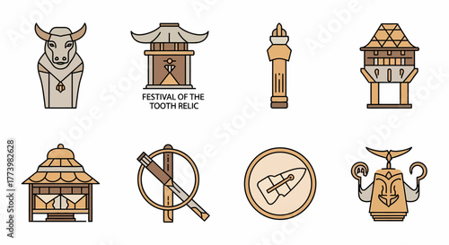 A collection of line art icons with color fills, illustrating traditional elements of a cultural and religious celebration from Sri Lanka