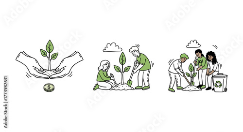 Sustainable growth concept: hands holding seedlings and people planting trees