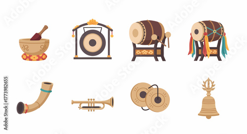 Set of traditional Buddhist and Tibetan ritual musical instruments. Flat icon collection of spiritual sound healing tools like singing bowl, gong, and bell