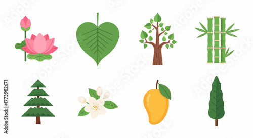 Set of sacred Buddhist plant icons in a clean flat style, featuring lotus, bodhi, bamboo, pine, and mango illustrations for spiritual design