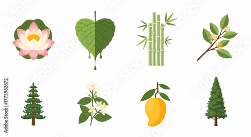 Flat Icon Pack Eight Plants from Jataka Tales - Lotus, Bodhi Leaf, Bamboo & More