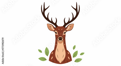 Elegant Deer Illustration with Antlers and Leaves, Minimalist Vector Art