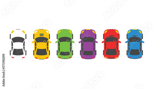 Top view of six colorful cartoon cars in a row: white, yellow, green, purple, red, and blue, simple illustration