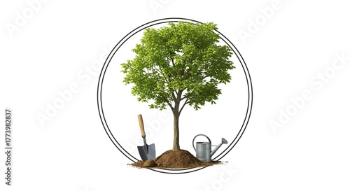 Gardening tools and green tree inside circular frame for nature and growth concept