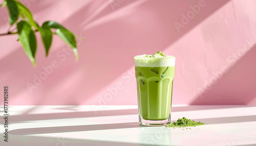 Iced matcha latte wide glass pastel pink wall
