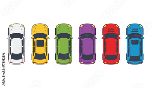 Top view illustration of six cars in a row with different colors: white, yellow, green, purple, red, and blue.