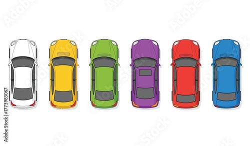 Top view illustration of six colorful cars lined up, representing diversity in transportation and choices.