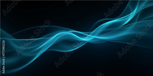 Abstract blue smoke curves with smooth flow against a dark black backdrop creating a dynamic wave pattern