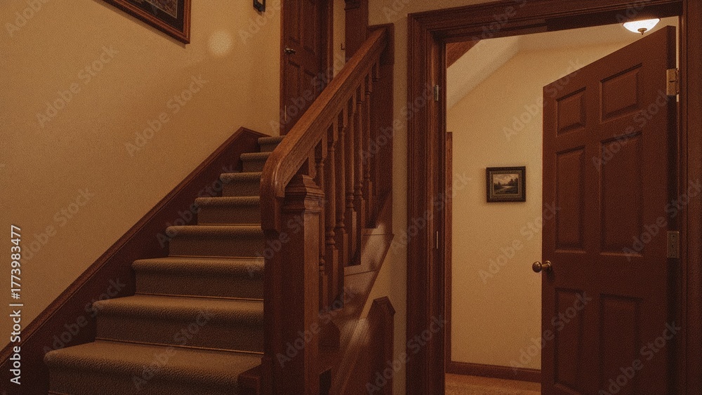 Fototapeta premium Staircase and door inside a house with warm lighting. Interior design and architecture concept. Home interior and wooden details. The concept of house planning and decor.