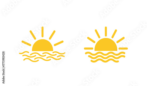 Sunrise and sunset over water, a pair of minimalist graphic icons representing the start or end of a day.