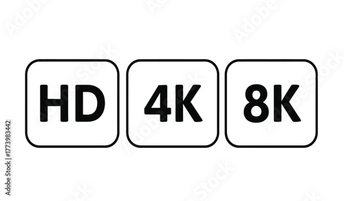 High definition technology resolution icons: hd, 4k, and 8k video display standards comparison graphic