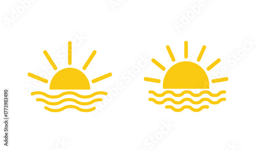 Set of two yellow sun icons rising over wavy water lines, simple flat design elements