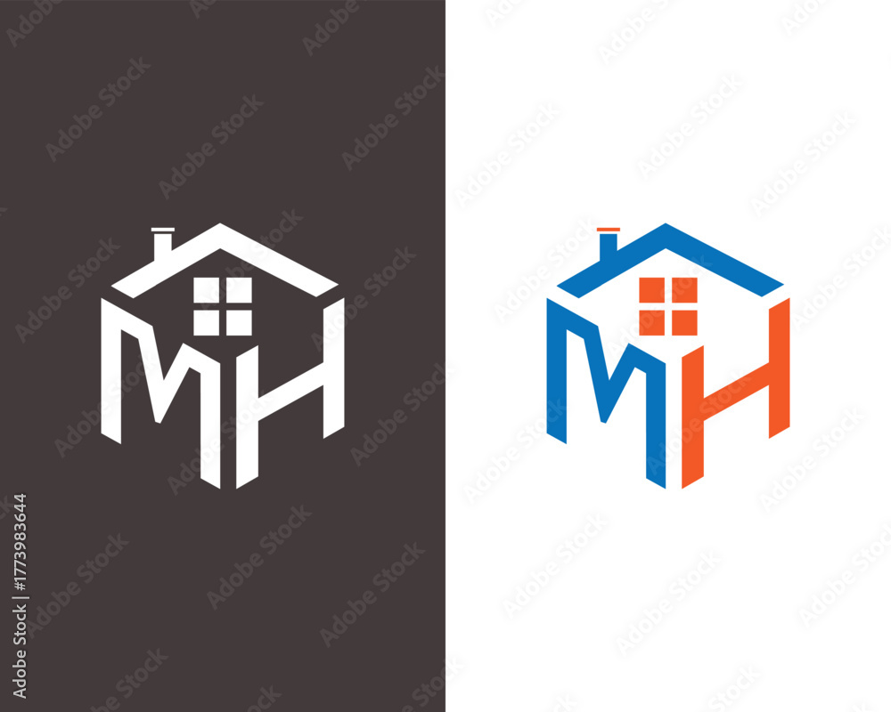 Fototapeta premium Hexagonal house logo with M H initials and windows on dark and vector template white backgrounds