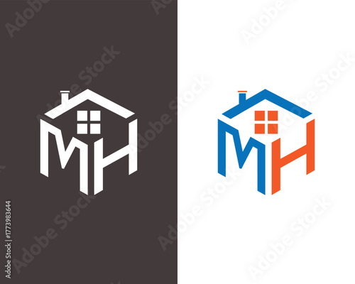 Hexagonal house logo with M H initials and windows on dark and vector template white backgrounds