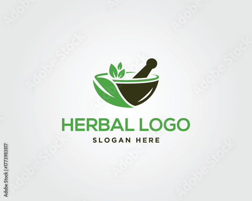 Green mortar and pestle with leaves and text herbal logo vector template