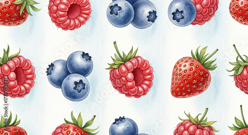 strawberry fruit background with blueberries on white