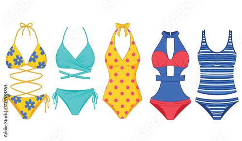 Collection of five diverse stylish swimsuits and bikinis with different patterns and designs on a white background illustration