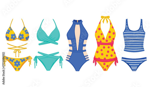 Collection of diverse swimwear styles for summer fashion, including bikinis, tankinis, and one-piece swimsuits in vibrant patterns and solid colors.