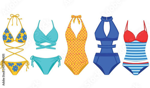 Assortment of colorful and patterned swimwear including bikinis and one-piece suits, displayed side-by-side