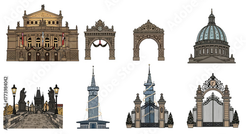 Iconic european architectural landmarks collection in detailed style