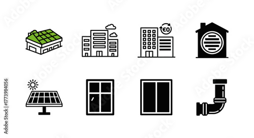 Sustainable building icons set featuring eco homes and renewable energy elements