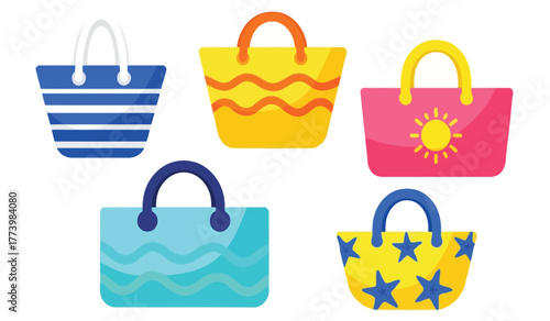 Collection of five colorful beach bags with various patterns and designs, ideal for summer holidays and travel.
