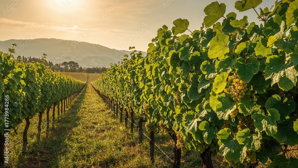 Fototapeta premium Vineyard landscape during sunset with lush grapevines and distant hills. Agricultural and wine production concept. Nature and cultivation. The concept of viticulture and rural scenery