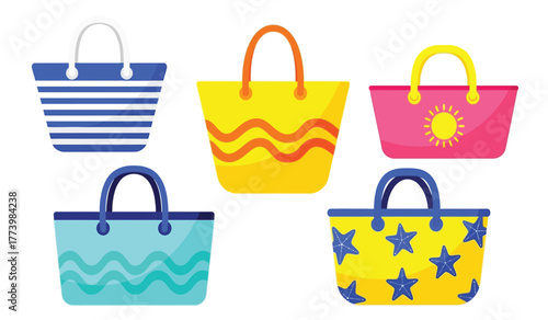 Collection of five colorful tote bags and beach bags with various patterns and summer motifs, vector illustration