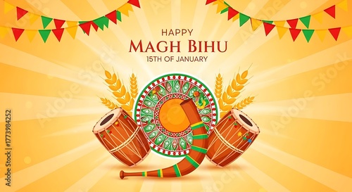 Happy magh bihu festival celebration with traditional drums and decorations