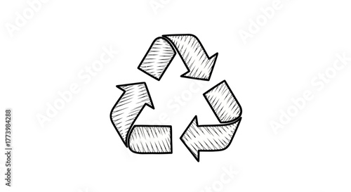 Hand-drawn recycling symbol with sketch style arrows for sustainability concept