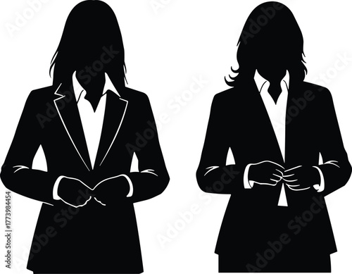 Two businesswomen in suits, professional posture, corporate attire comparison, female silhouette, office fashion, workplace diversity, formal wear, leadership presence