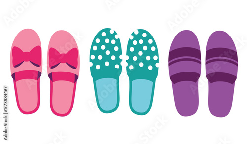 Collection of three pairs of indoor slippers for women: pink with bows, teal with polka dots, and purple with stripes.