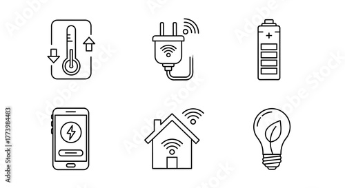Smart home energy icons: linear design for temperature, charging, efficiency, and connectivity
