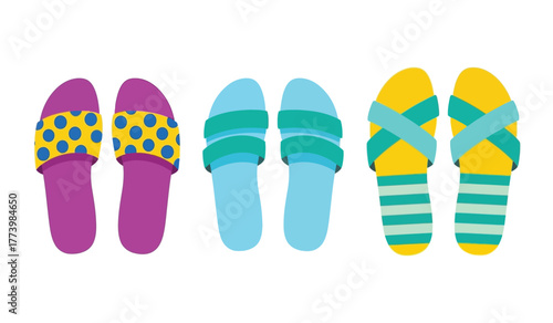 Collection of three pairs of brightly colored, patterned, and striped flip-flops and sliders displayed side by side.