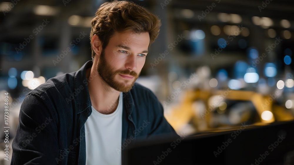 Fototapeta premium Engineer interacting with immersive digital twin interface projecting automated production line metrics, emotion of curiosity and control visible, representing predictive analytics, smart