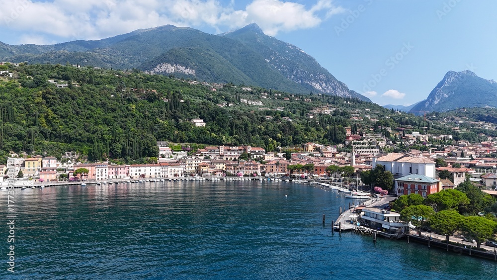 Fototapeta premium Toscolano Maderno town on Lake Garda Italy drone,aerial blue sky