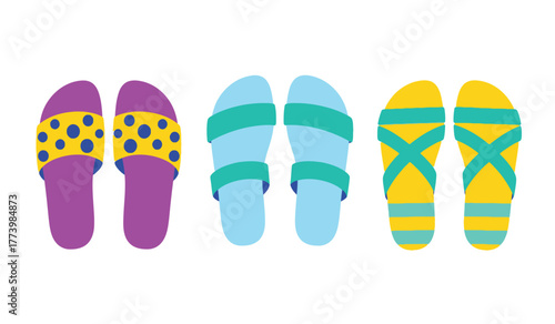 Collection of three pairs of colorful graphic sandals and flip flops for summer footwear and beach vacation style