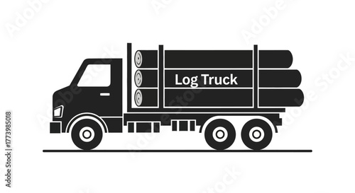 Black silhouette of logging truck with timber load on white background