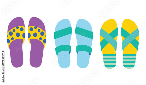 Collection of three pairs of stylish flip-flops in various colors and patterns for summer beach footwear