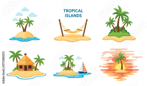 Collection of stylized tropical island scenes with palm trees, beach huts, hammocks, and sailboats under clear skies and sunsets