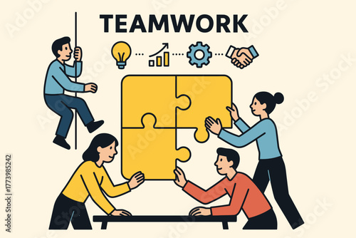 Teamwork concept illustration of diverse people collaborating to assemble a large jigsaw puzzle with gears lightbulb and handshake symbols overhead on a beige background