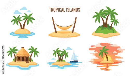 Collection of tropical island illustrations featuring palm trees, beaches, huts, hammocks, and sailboats at sunset.