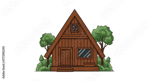 Charming wooden a-frame cabin with trees set against a clear background