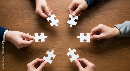 Overhead shot of five people holding puzzle pieces, symbolizing teamwork, collaboration, and problemsolving, set against a warm wooden backdrop, fostering a sense of unity and shared goals